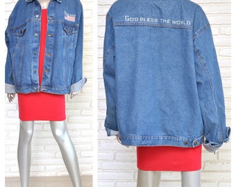 Vintage Oversized Jean Jacket God Bless The World Embroidered Loose Fit Denim XL