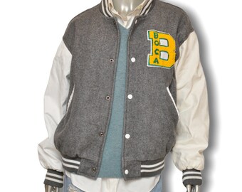 Vintage Varsity Letterman Jacket Boca Size Large White Leather Sleeves Bomber Jacket L