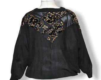 Vintage Black and Gold Satin and Velvet Sweater Size l/xl Loose Fit 80’s Sweater M to L