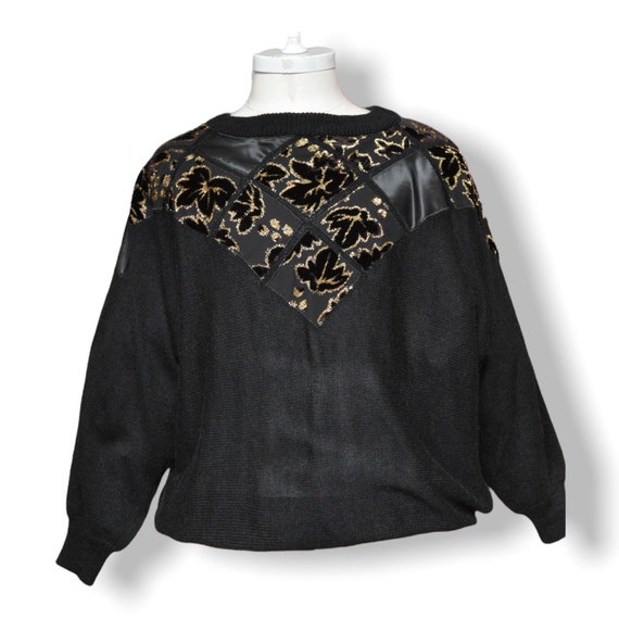 Vintage Black and Gold Satin and Velvet Sweater S… - image 1