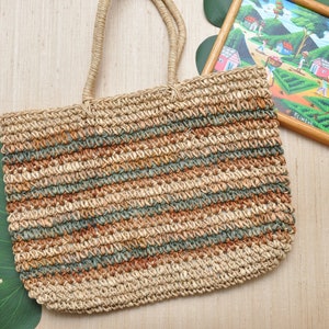 Vintage Beige Straw Market Bag Weaved Bohemian Summer Tote Purse image 2