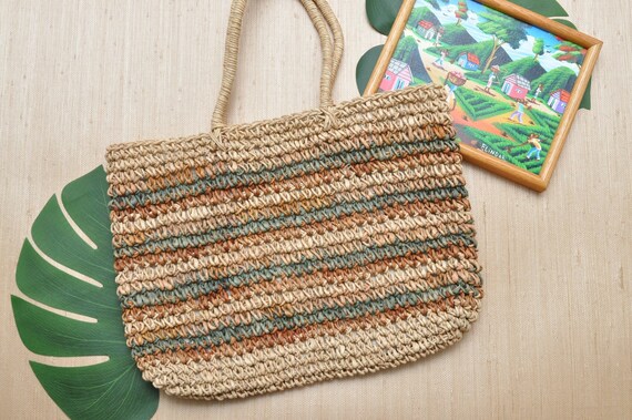 Vintage Beige Straw Market Bag Weaved Bohemian Su… - image 2