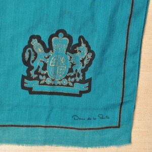 Vintage Oscar De La Renta Blue Green Wool Scarf with Lion and Unicorn Royal Crest image 7