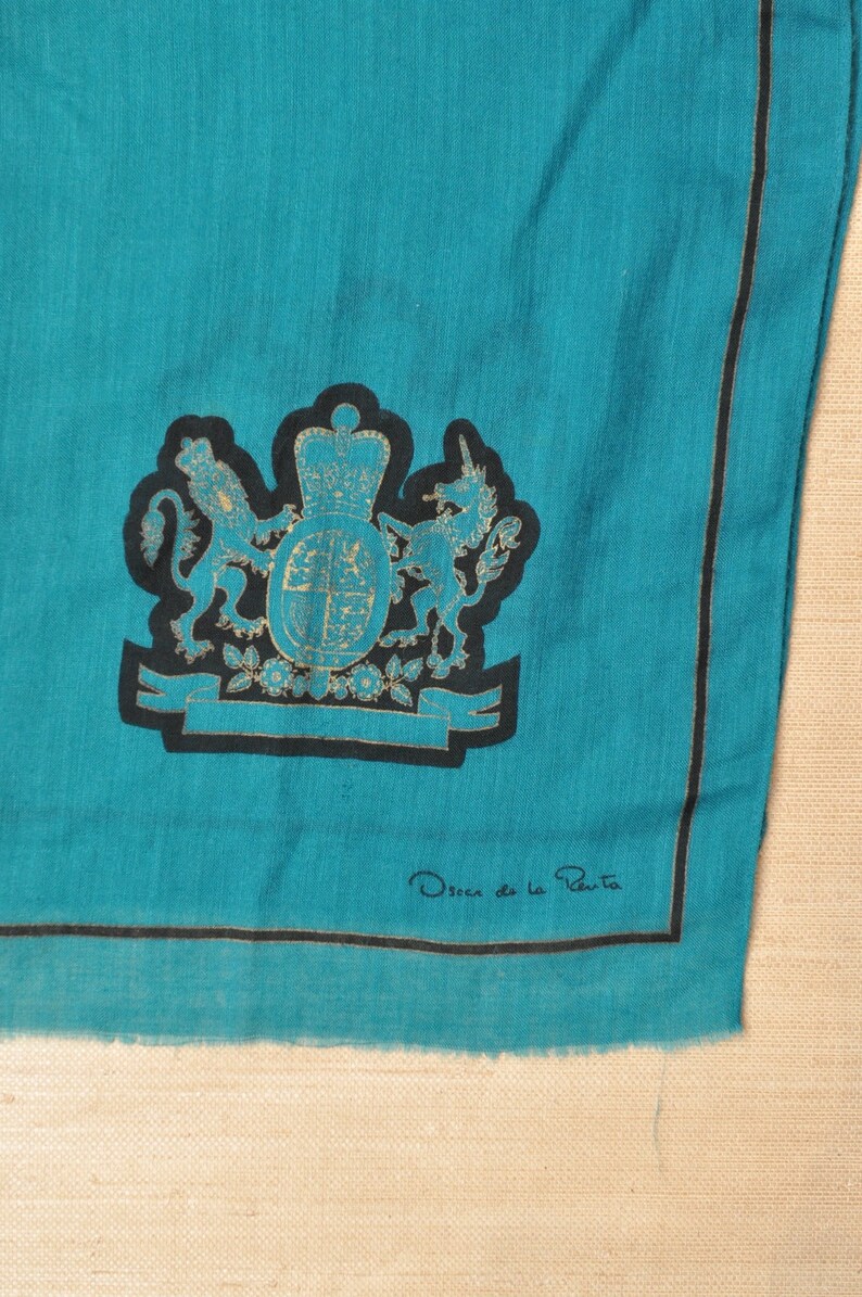 Vintage Oscar De La Renta Blue Green Wool Scarf with Lion and Unicorn Royal Crest image 7