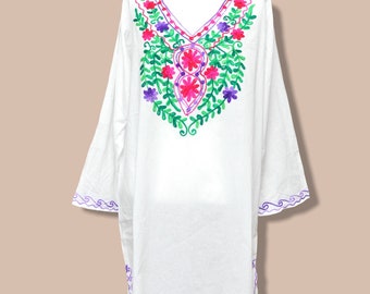 Vintage Floral Embroidered White Tunic Top Size Large Womens Cotton Blouse L