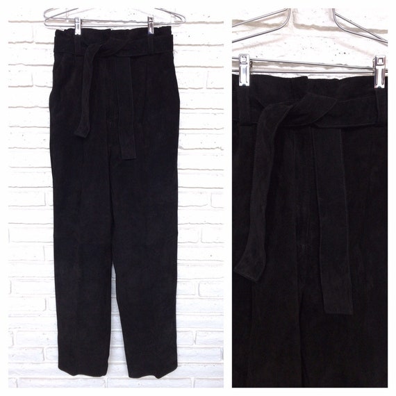 Vintage Black Suede Belted Baggy Pants Small Mediu