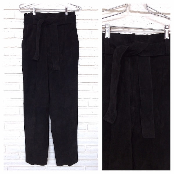 Vintage Black Suede Belted Baggy Pants Small Medium Pleated High Waist Womens Pants