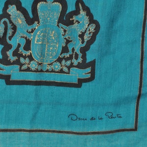 Vintage Oscar De La Renta Blue Green Wool Scarf with Lion and Unicorn Royal Crest image 5