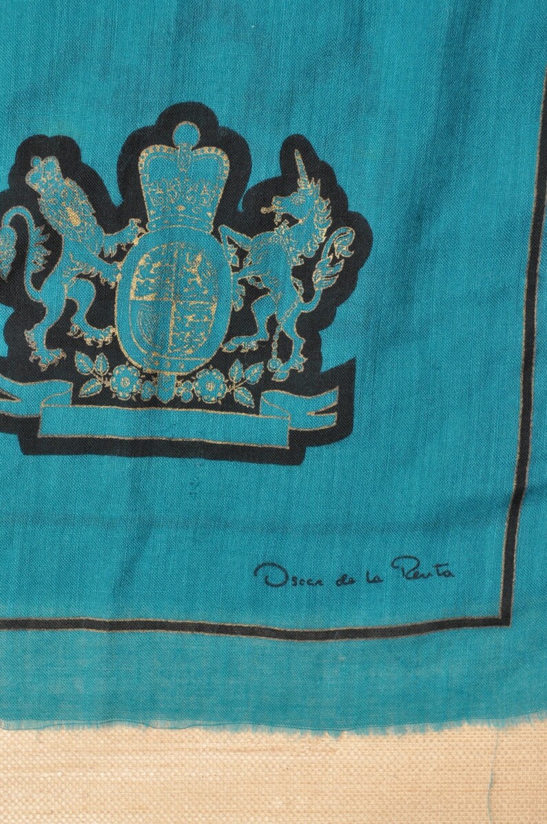 Vintage Oscar De La Renta Blue Green Wool Scarf with Lion and Unicorn Royal Crest image 5