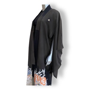 Vintage Kimono Womens Black Floral Print Duster Coat Robe Medium Large Japanese image 7