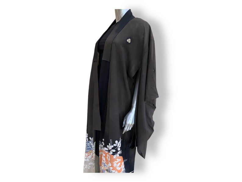 Vintage Kimono Womens Black Floral Print Duster Coat Robe Medium Large Japanese image 7