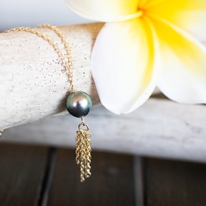 Gray/Silver Tahitian Pearl on Gold Filled Chain Necklace, Large Pearl Pendant, Genuine Tahitian Pearl, 14k Gold Necklace