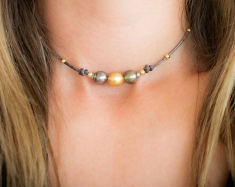 Tahitian Pearls, South Sea Pearl Choker Necklace, Genuine Leather Cord Necklace, Gray Tahitian Pearls & Gold South Sea Pearl, Toggle Clasp