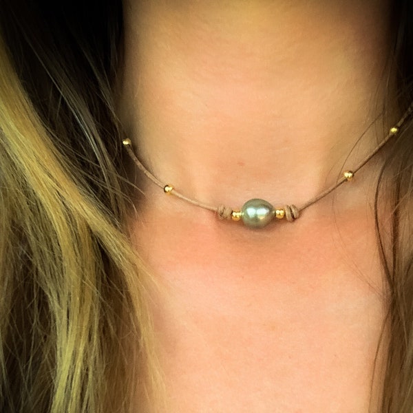 Handmade Tahitian Pearl or Gold South Sea Pearl Choker Necklace, Genuine Leather Cord, Toggle Clasp; Hawaiian Jewelry, Boho Necklace