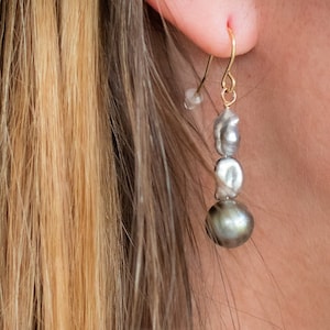 Genuine Tahitian Pearl Earrings with Keshi Pearls, Gold Wire Dangle Pearl Earrings, Gold Pearl Drop Earrings