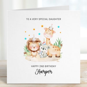 Safari Animal 2nd Birthday Greeting Card for Daughter | Personalised Girl First Birthday Gift with Jungle  Lion, Giraffe, Koalas | REF: CB69
