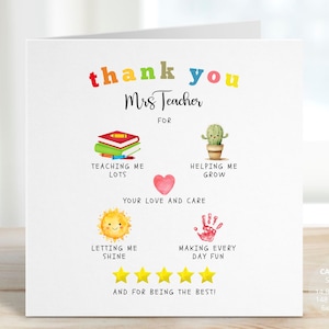 Teacher Thank You Card, Teacher Appreciation Gift, End of Year Gift from Kids, Card for Daycare, Primary Preschool Staff Farewell, REF: AT72