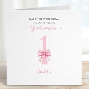 Personalised Granddaughter Birthday Card, Pink Coquette Bow, Girl First Birthday Card, 1st Birthday Gift, Age 1-100 Number Years, REF: CB452