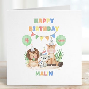 Happy Birthday Safari Card for Boy or Girl | Personalised Lion, Koala, Giraffe Birthday Card Gift for Kids, Child, School Friends, REF: CB80