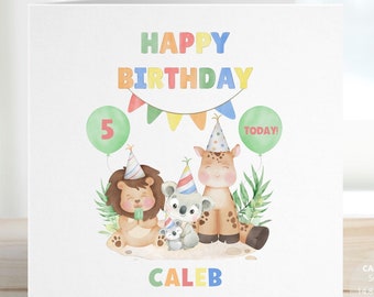 Happy Birthday Safari Card for Boy or Girl | Personalised Lion, Koala, Giraffe Birthday Card Gift for Kids, Child, School Friends, REF: CB67