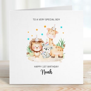 Personalised Safari Animal 1st Birthday Card for a Special Boy | Custom First Birthday Gift with Jungle Theme Lion, Giraffe, Koalas REF:CB64