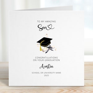 Personalised Son Graduation Card, University Name, Congratulations Amazing Graduate Son, Proud of You Gift, Grad Cap Scroll Diploma, REF:CG3