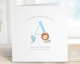 A-Z Christening Card for Boys or Girls, Personalised Blue Alphabet Baby Keepsake Card, Baptism Card, Cute Lion Christening Gifts, REF: RB27