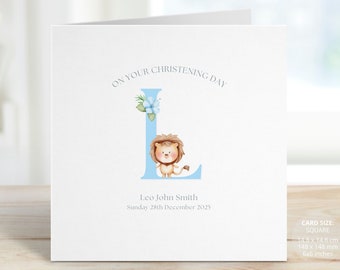 A-Z Christening Card for Boys or Girls, Personalised Blue Alphabet Baby Keepsake Card, Baptism Card, Cute Lion Christening Gifts, REF: RB38