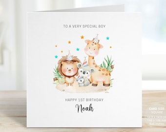 Personalised Safari Animal 1st Birthday Card for a Special Boy | Custom First Birthday Gift with Jungle Theme Lion, Giraffe, Koalas REF:CB64