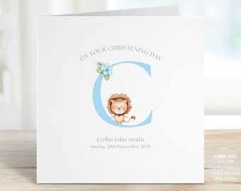 A-Z Christening Card for Boys or Girls, Personalised Blue Alphabet Baby Keepsake Card, Baptism Card, Cute Lion Christening Gifts, REF: RB29