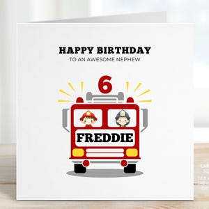 Personalised Fire Engine Birthday Card for Nephew, Fire Truck Birthday Gift, Firefighter Card, Fireman, Uncle, Dad, Son, Cousin, REF: CB505