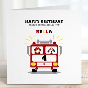 Fire Engine Birthday Card for Daughter, Granddaughter, Sister, Niece, Personalised Fire Vehicle Birthday Gift, Fireman Card, 4th, REF: CB503