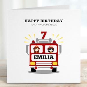 Fire Truck Birthday Card for Niece, Personalised Fire Engine Birthday Gift, Firefighter Card, Fireman, Girl, Sister, Daughter, REF: CB506