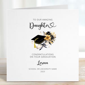 Personalised Daughter Graduation Card, Cap & Scroll, University Name, Congratulations Amazing Graduate Daughter with Flowers, REF: CG5