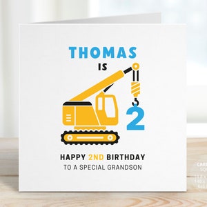 Personalised Construction Crane 2nd Birthday Card | For Boy, Son, Grandson, Brother, Nephew, Kids, Children, Baby, Toddler | Two |REF: CB81