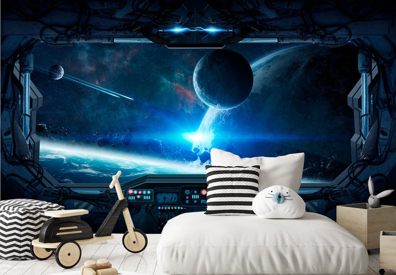 3d Space Removable Wallpaper Space Galaxy Nursery Wallpaper Space Station Window Self Adhesive Wallpaper Peel And Stick Wallpaper Ns15