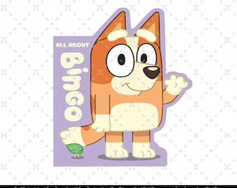 May include: A purple and white digital illustration of Bingo from the show "All About Bingo". Bingo is a brown and white dog with a worried expression. He is wearing a white shirt and has a green bug on his tail. The text "All About Bingo" is written in white on a purple background.