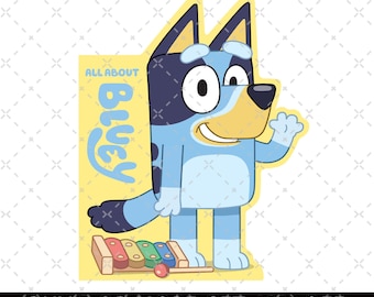 May include: A blue and yellow cartoon dog named Bluey is standing next to a colorful xylophone. The text "ALL ABOUT BLUEY" is in the background.