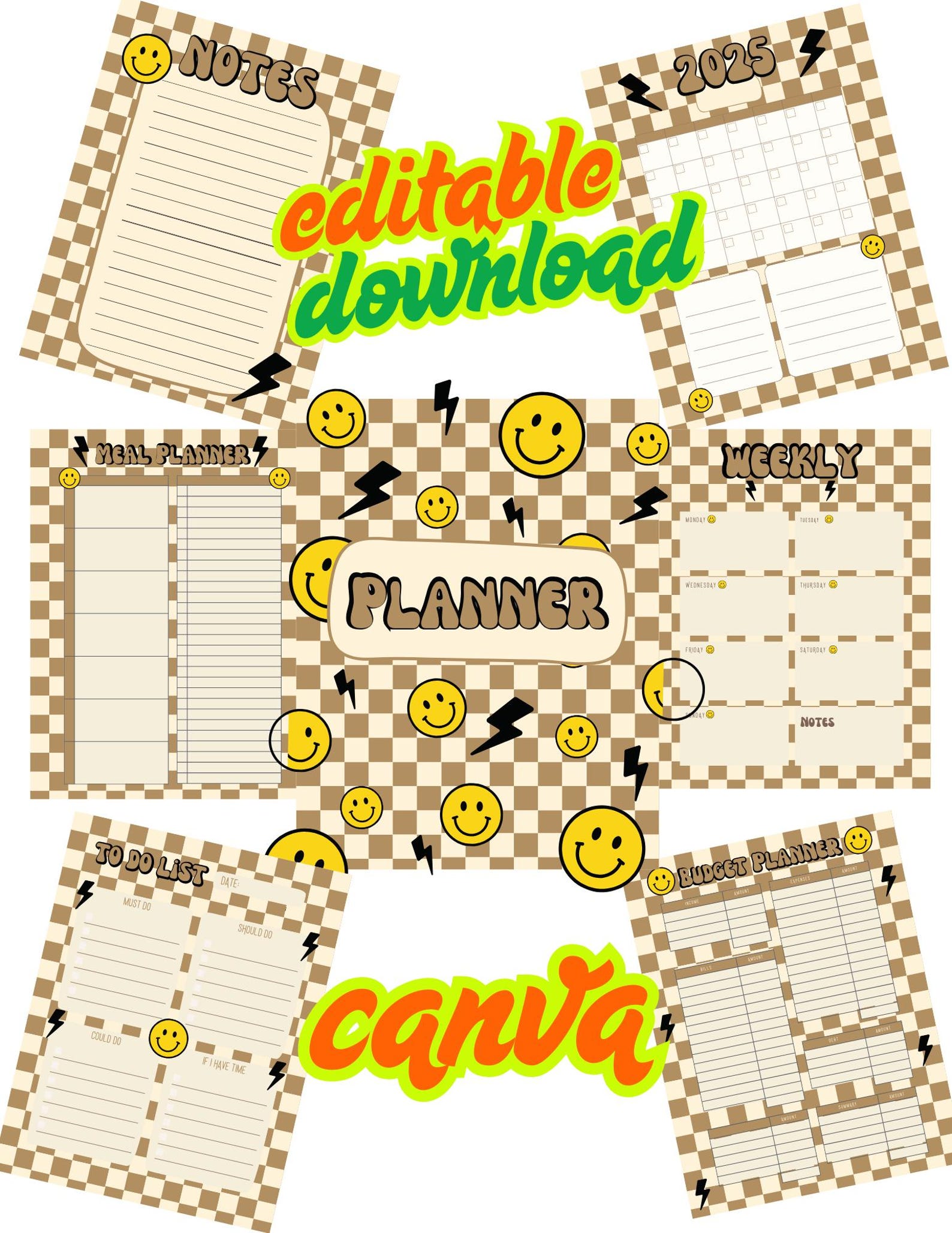 Neutral Aesthetic Planner Bundle | Checkered + Smiley Face Theme