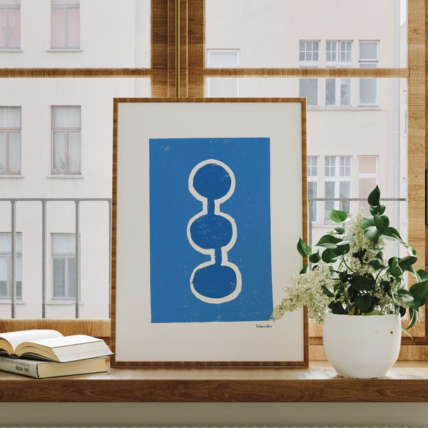 Kunstdruck Linolschnitt, Linoldruck Poster, Sommerfarben leuchtend blau, minimalistischer Stil, Japandi Design, Strandhaus Deko, Wandbild