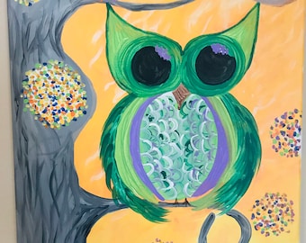 フクロウのポップアートアクリル画 鳥の絵 フクロウの家族 キャンバスにアクリルオリジナルアート 動物