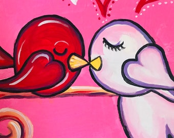 Abstract Lovebirds acrylic canvas painting 16x20 in size