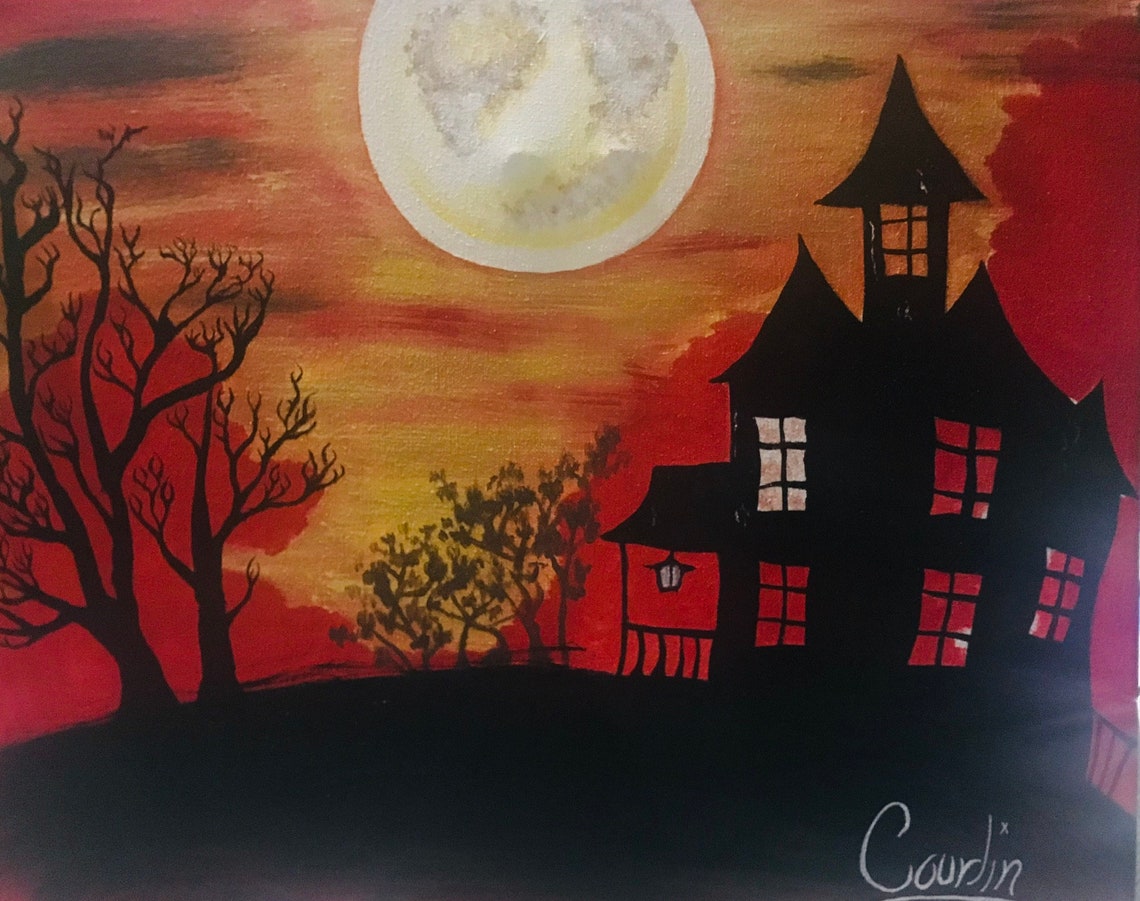 Haunted House Original Acrylic Canvas Painting 16x20 in Size Etsy
