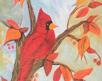 Cardinal in Autumn original canvas painting 16x20
