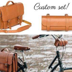 Custom Set: Leather bicycle bag BUSINESS RIDE and Leather handlebar bag , leather pannier, gift for cyclists, hand-crafted, caramel