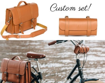 Custom Set: Leather bicycle bag BUSINESS RIDE and Leather handlebar bag , leather pannier, gift for cyclists, hand-crafted, caramel