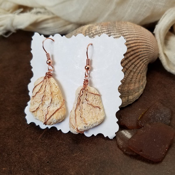 Copper Wire Wrapped Shell Earrings - Handmade Wire Wrapped Jewelry