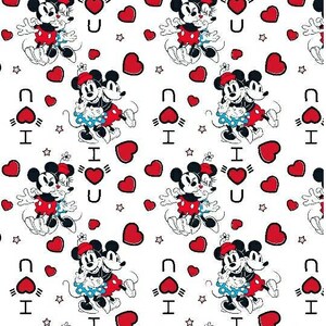 May include: A repeating pattern featuring Mickey and Minnie Mouse embracing, with red hearts and the text "I U" on a white background. Mickey wears red shorts and Minnie a red skirt. Stars are also scattered throughout the design.