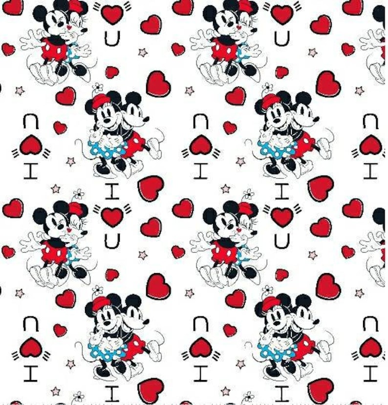 May include: A repeating pattern featuring Mickey and Minnie Mouse embracing, with red hearts and the text "I U" on a white background. Mickey wears red shorts and Minnie a red skirt. Stars are also scattered throughout the design.