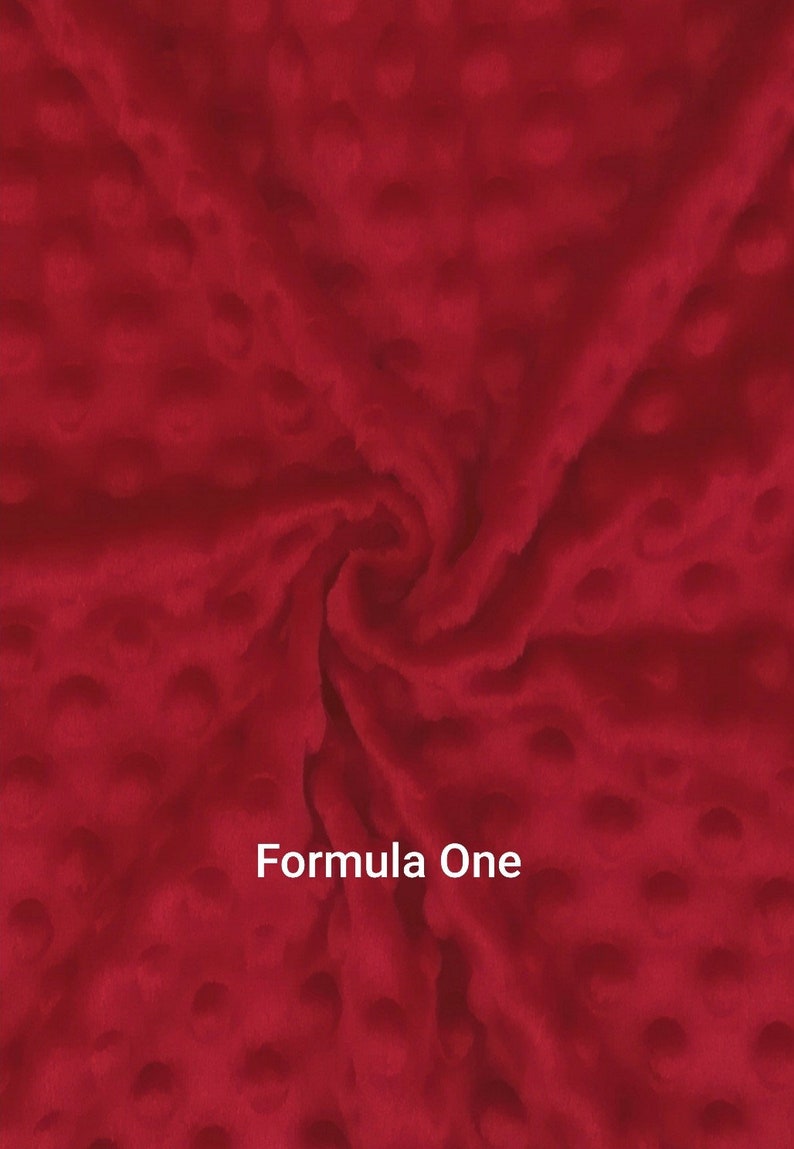 May include: A close-up of a red fabric with a textured, dotted pattern. The fabric is a deep, rich red color. The text "Formula One" is displayed in white at the bottom of the image. The fabric appears soft and plush.